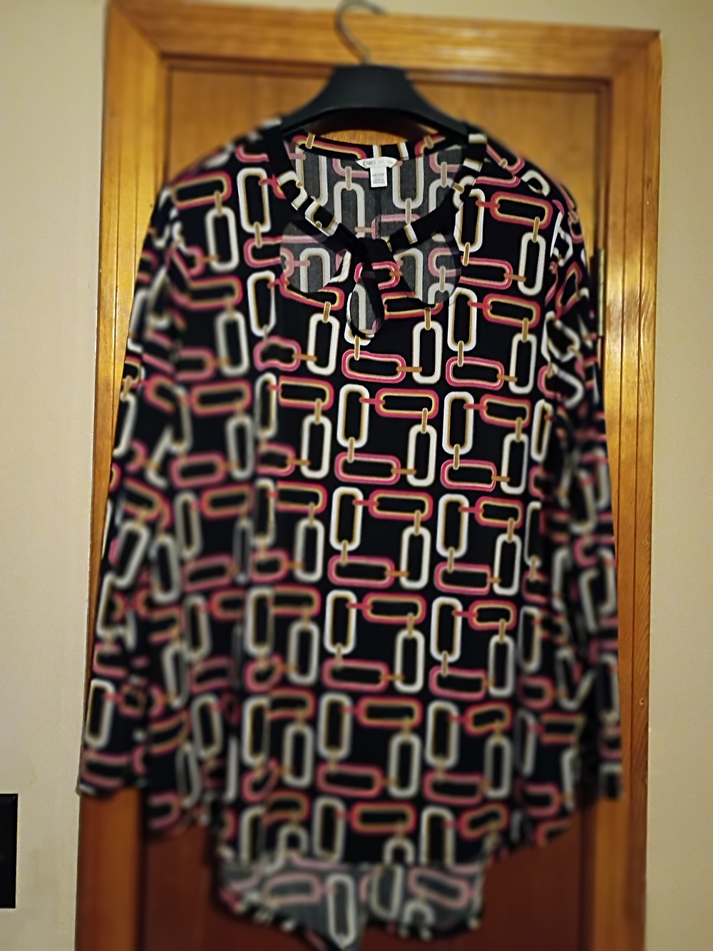 Cato Black Geometric Print Blouse with Pink and Cream Links